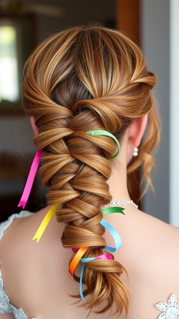 A beautiful and intricate braid with colorful ribbons creatively woven in, ideal for a bridesmaid hairstyle.