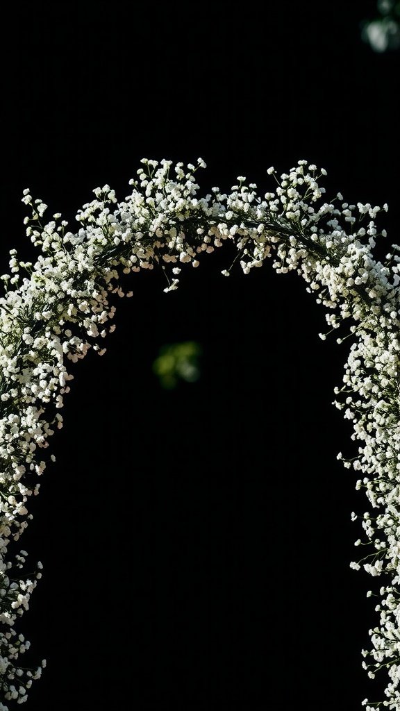 A wedding arch decorated with baby's breath flowers on a dark background.