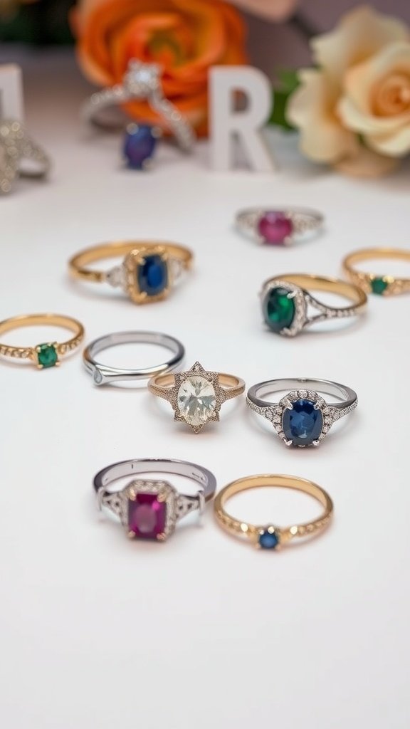 A collection of rings featuring various gemstones, including sapphires, emeralds, and rubies, displayed amongst flowers.