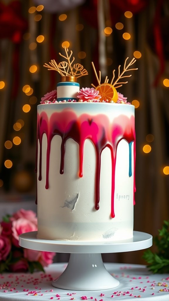 A colorful modern wedding drip cake with vibrant icing and decorative elements.