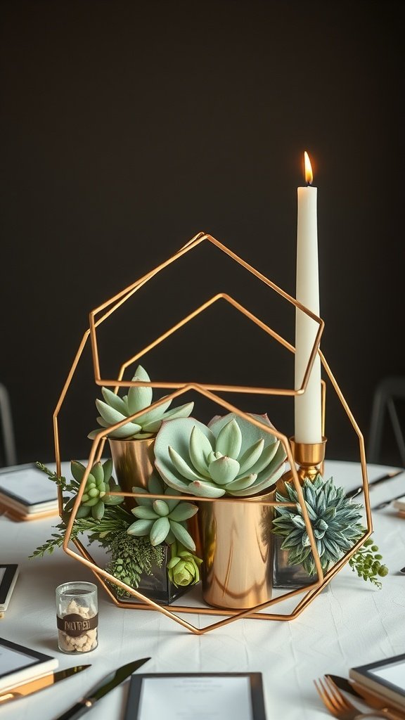 A modern wedding centerpiece featuring a golden geometric frame, succulents, and a lit candle.