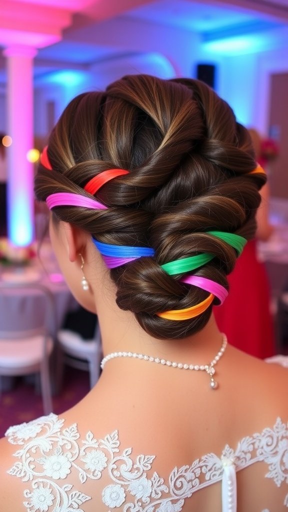 Bridal half-up twist hairstyle with colorful ribbons