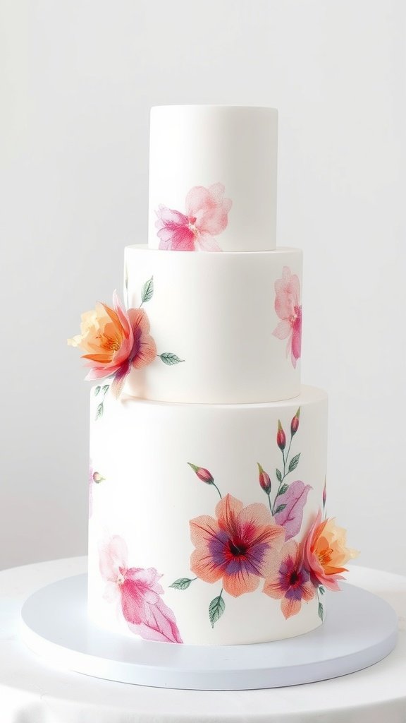 A three-tiered wedding cake with watercolor floral designs in pink and orange hues.