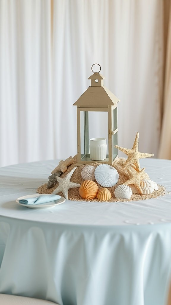 A beach-inspired wedding centerpiece featuring a lantern surrounded by seashells and starfish on a light blue table.