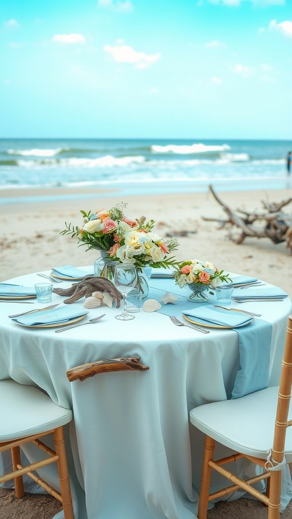 A beautifully decorated beach-themed wedding table with flowers, seashells, and a scenic ocean backdrop.