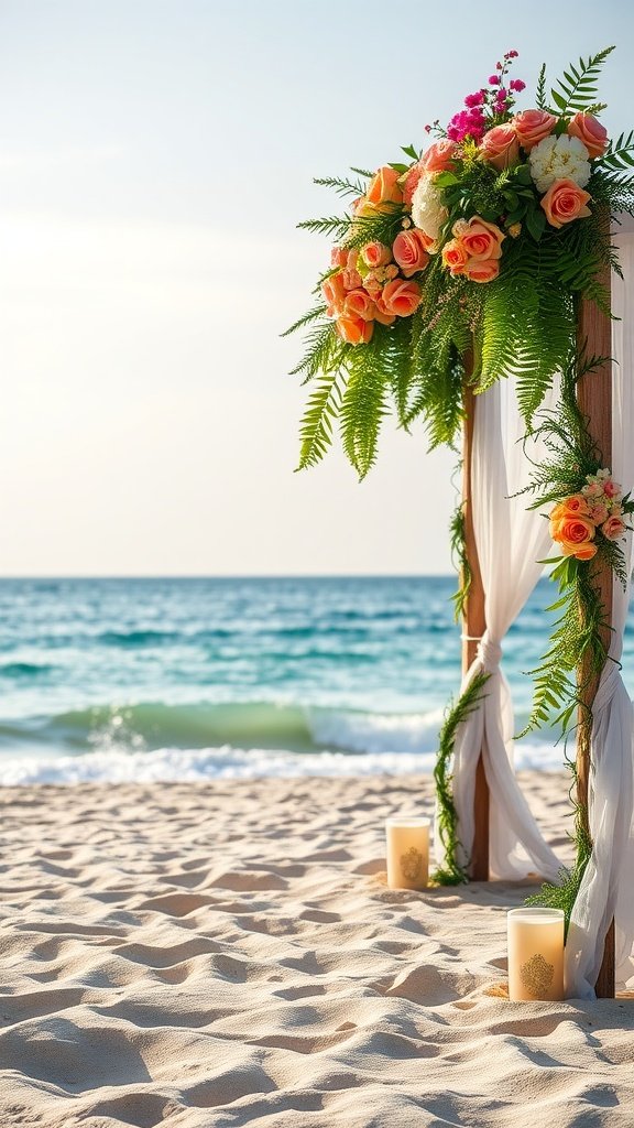 A beautifully decorated wedding altar on the beach with flowers and candles