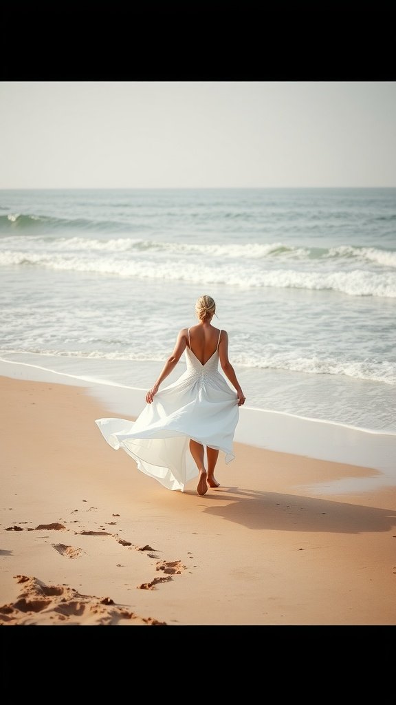 A bride in a white gown walking barefoot on the beach near the ocean.