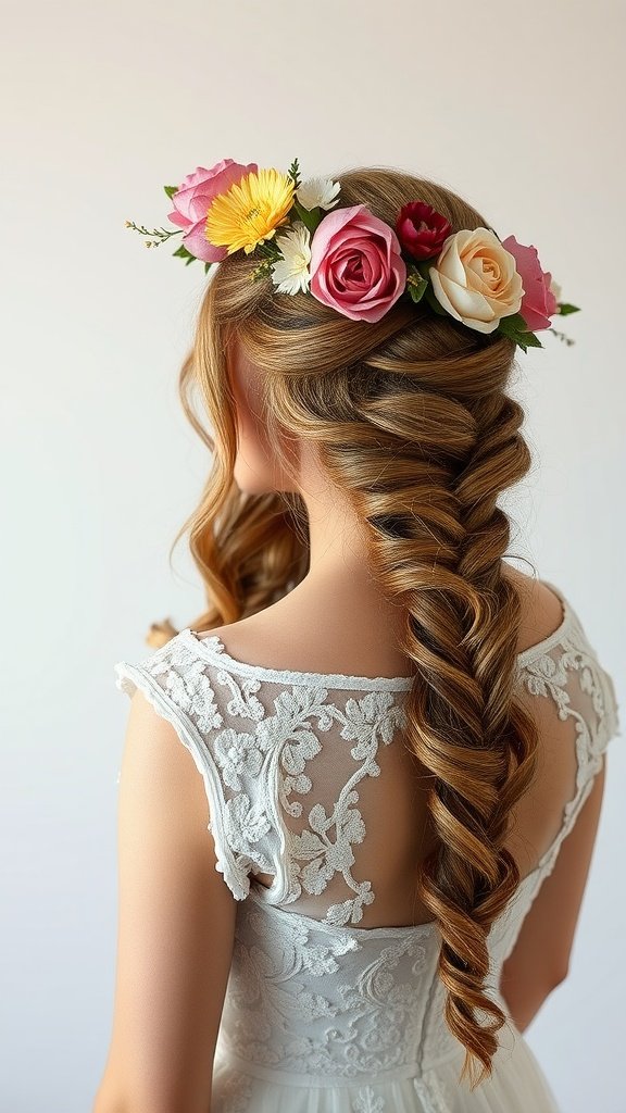 A bride with long, wavy hair styled in a braid, decorated with flowers