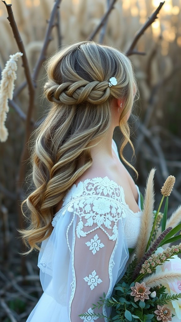 Bride with bohemian half-up hairstyle featuring braids and waves, wearing a lace dress and holding a bouquet.