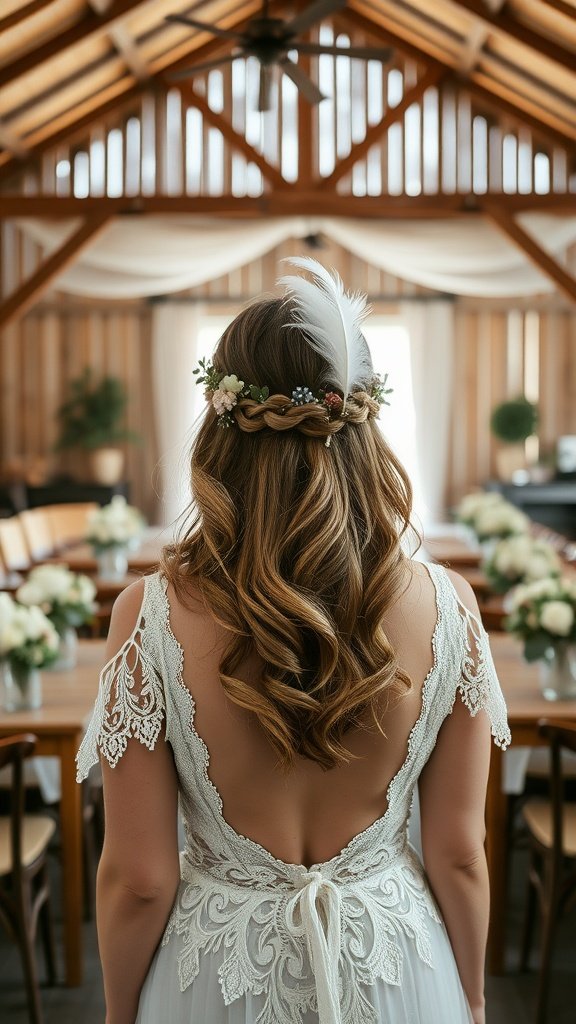 Bridal hair styled in half-up waves with feather accessories, showcasing a backless wedding gown in a rustic setting.