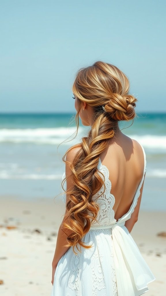 A bride with a bohemian loose ponytail and waves stands by the beach.