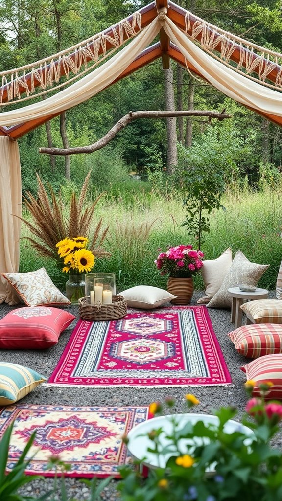 A beautiful bohemian picnic setting with rugs, cushions, and flowers in an outdoor setting.