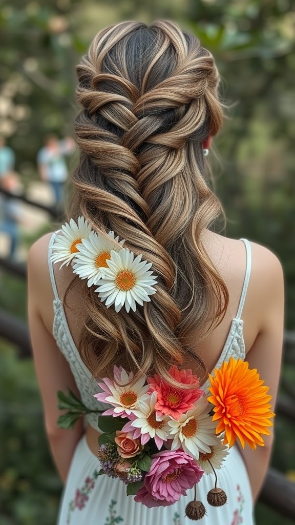 A woman with half up, half down hairstyle featuring floral accents, showcasing a bohemian style.