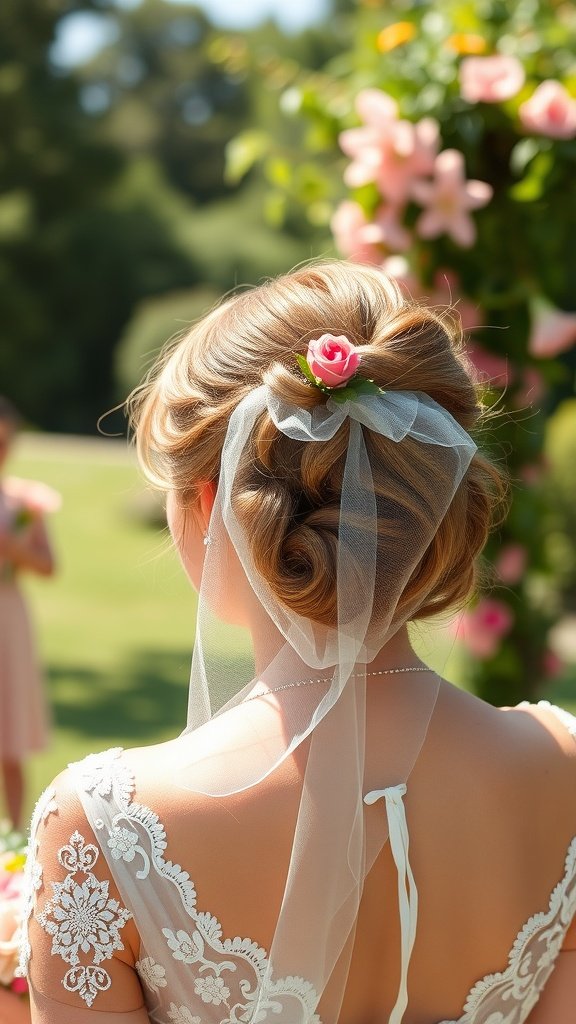 A bride with a bohemian twisted updo hairstyle adorned with a floral veil, showcasing a natural setting with flowers in the background.