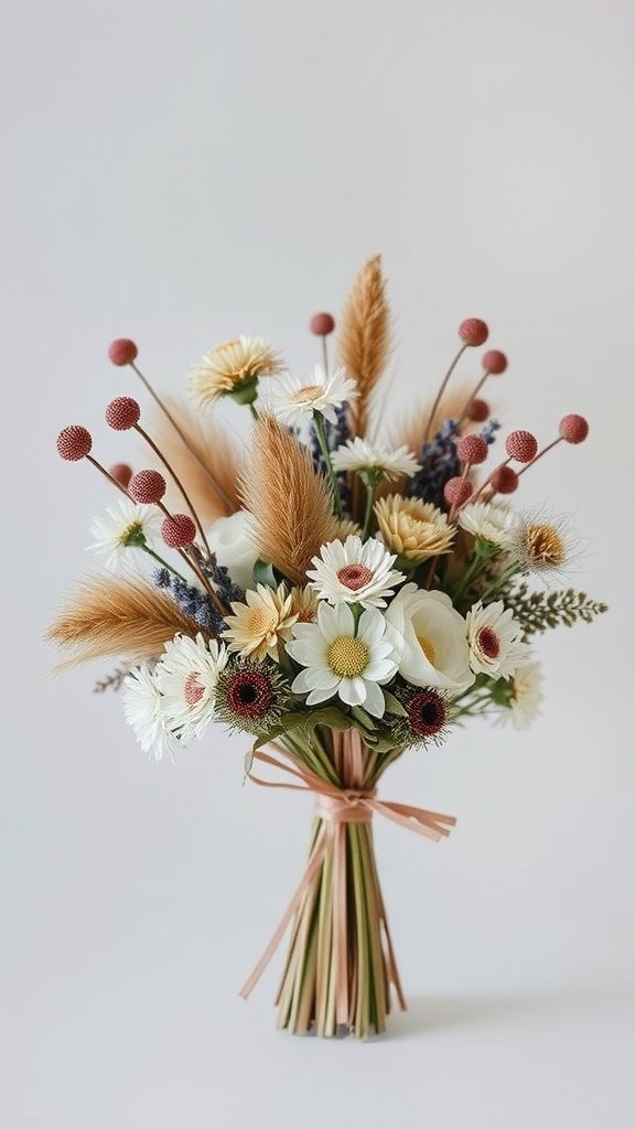 A boho-chic dried flower bouquet featuring daisies, pampas grass, and other dried flowers, tied with a ribbon.