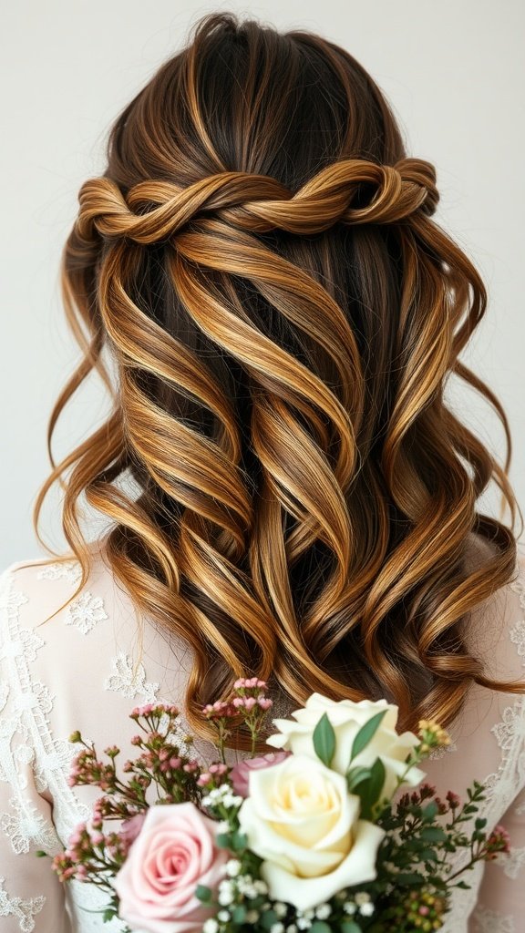 Bridesmaid hairstyle featuring loose tendrils and a braided crown, with a bouquet of flowers.