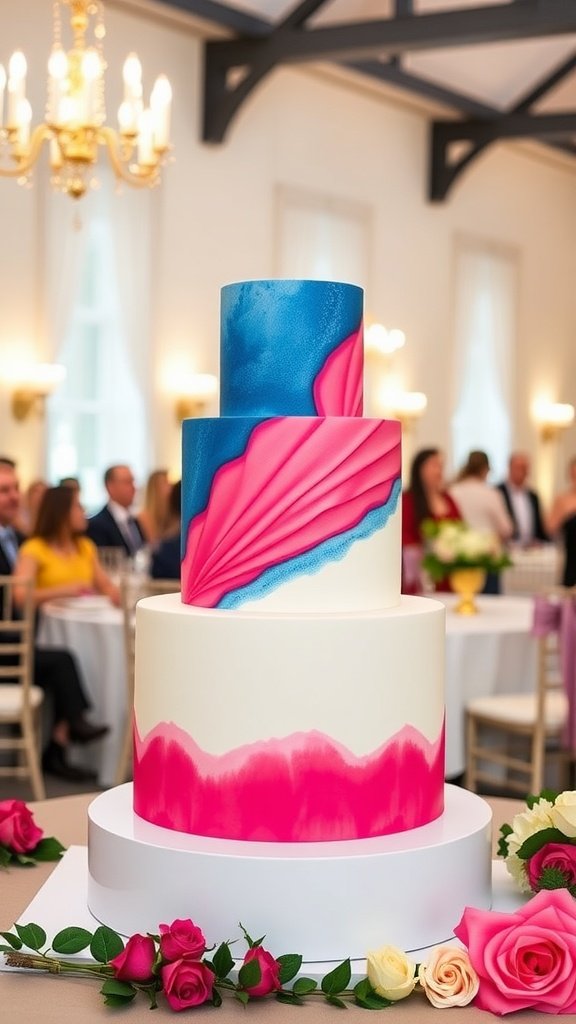 Modern wedding cake featuring bold pink and blue colors