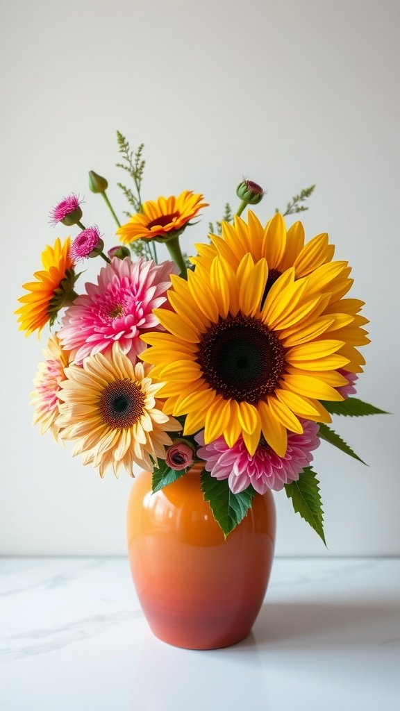 A vibrant floral centerpiece featuring sunflowers, pink dahlias, and Gerbera daisies in a warm orange vase.