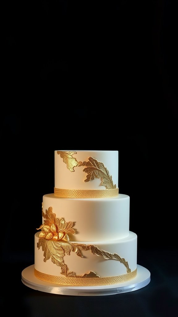 A modern wedding cake with bold metallic accents in gold, featuring three tiers and intricate designs.