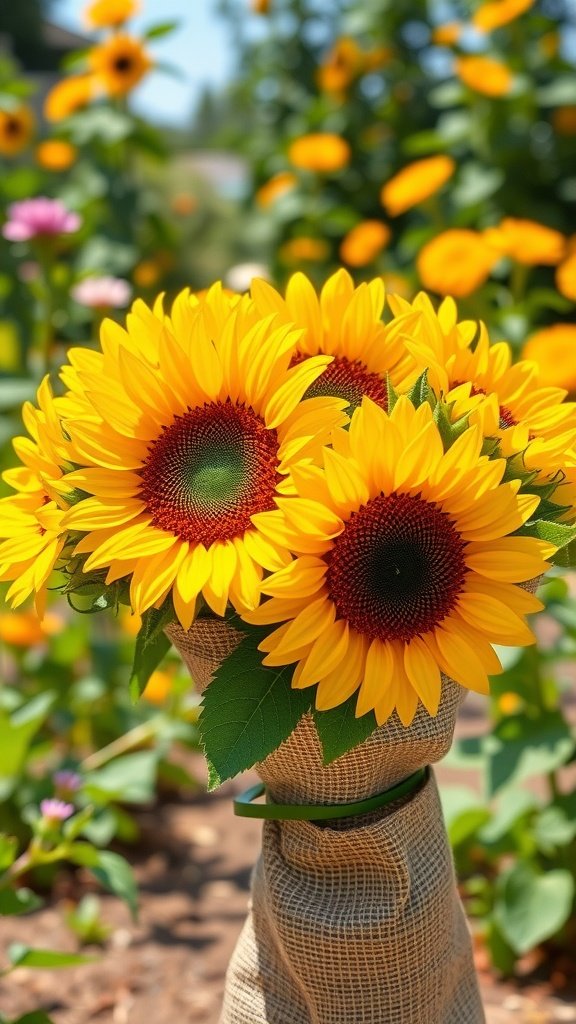 A bouquet of vibrant sunflowers wrapped in burlap, surrounded by green foliage.