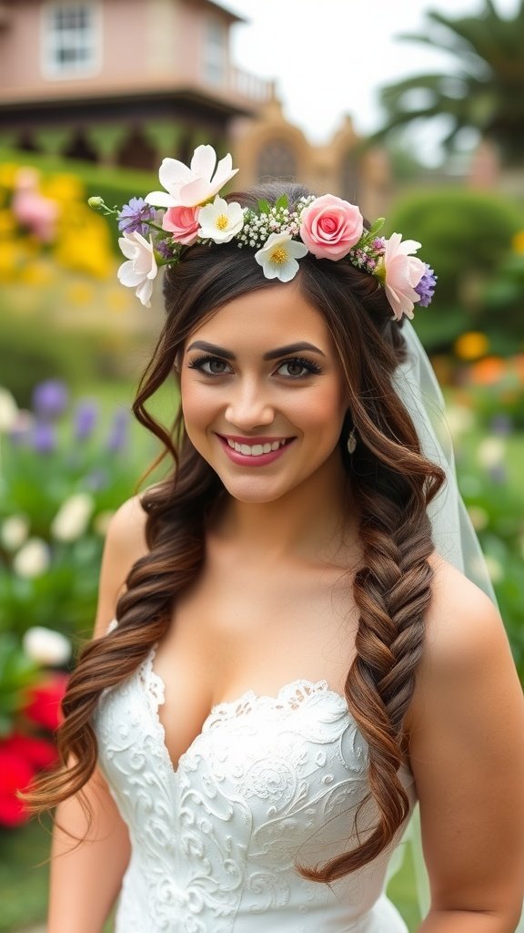 A bride with a braided crown hairstyle adorned with flowers, smiling in a garden setting.