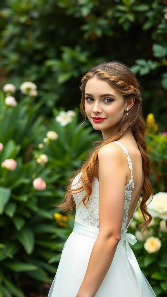 A bride with a braided crown and loose wavy hair, standing in front of blooming flowers.