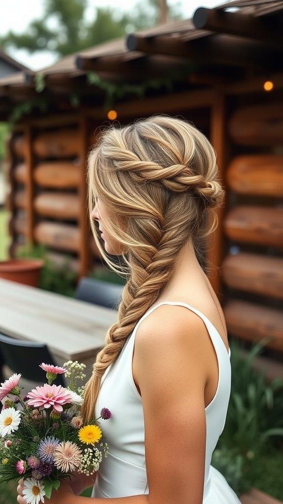 A woman with braided hair styled in a bohemian crown, holding a bouquet of colorful flowers