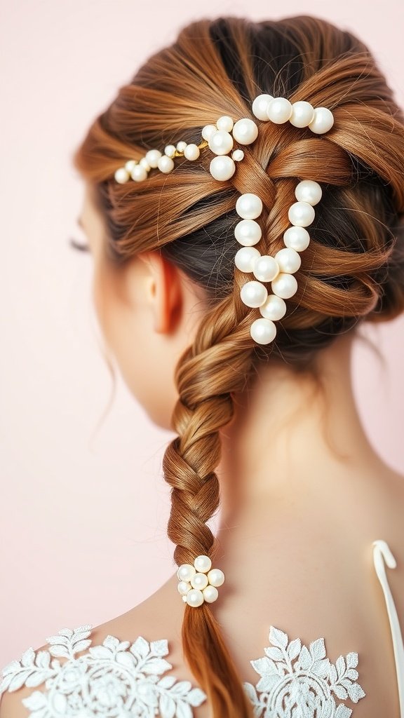 A beautiful braid adorned with pearls, showcasing an elegant hairstyle for bridesmaids.