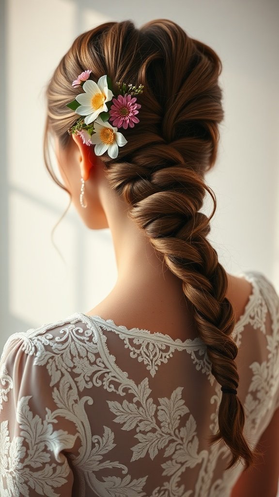 A bride with a braided ponytail adorned with white and pink flowers, showcasing a beautiful lace dress on her shoulders.