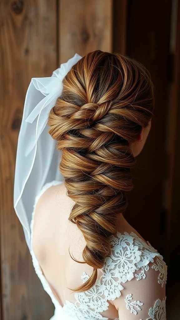 A stunning braided updo hairstyle with a lace veil, showcasing intricate braids and soft elegance.