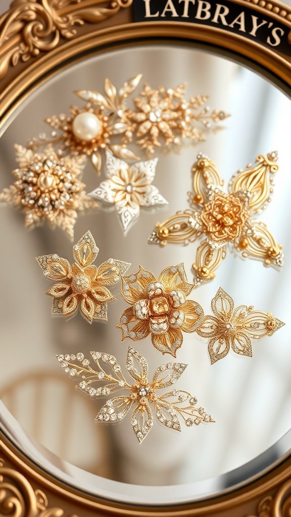 An assortment of bridal gold hair accessories displayed on a mirror