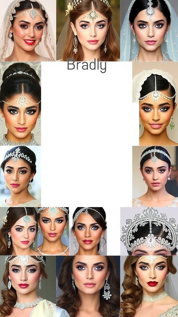 A collage of diverse bridal makeup styles showcasing different looks and accessories for modern weddings.