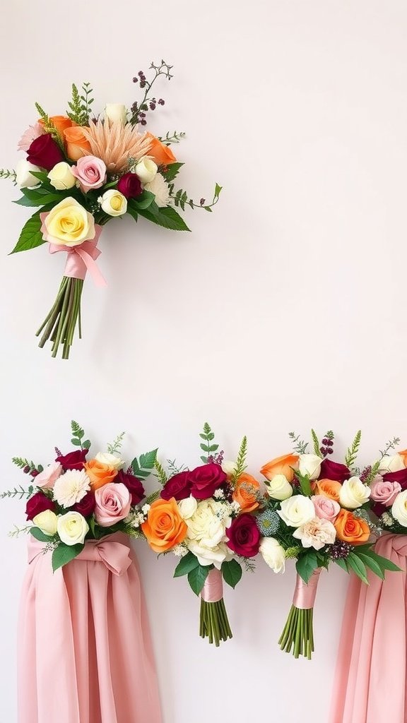 Colorful bridal party floral arrangements displayed on a wall.