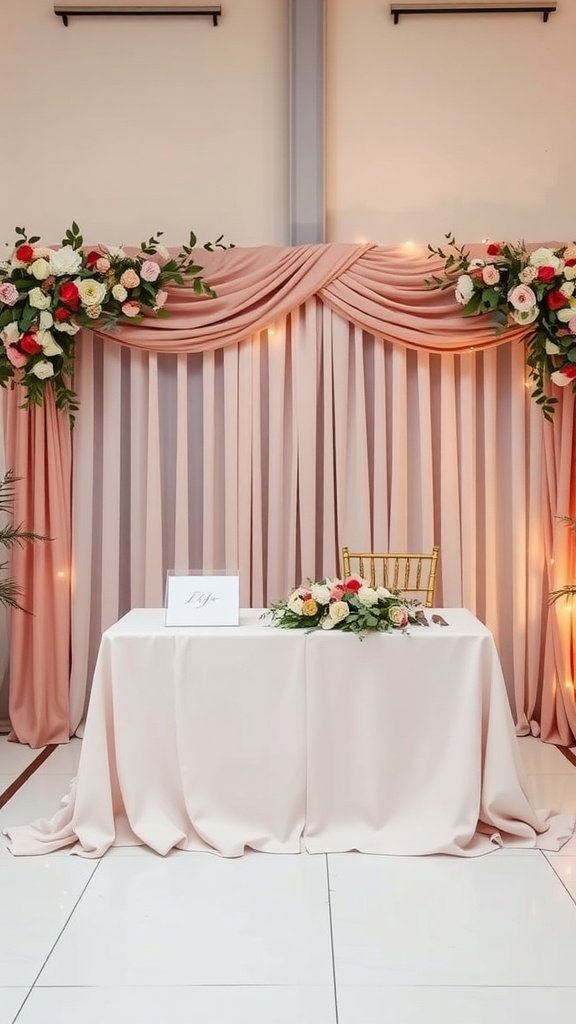 Bridal table with soft pink drapery and floral arrangements