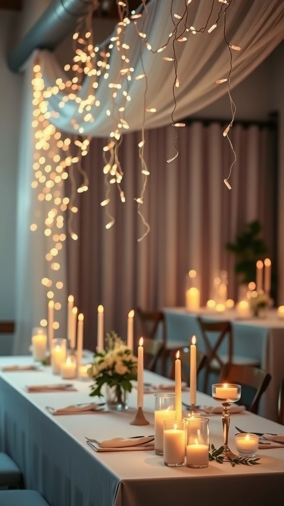 A beautifully lit bridal table with candles and fairy lights