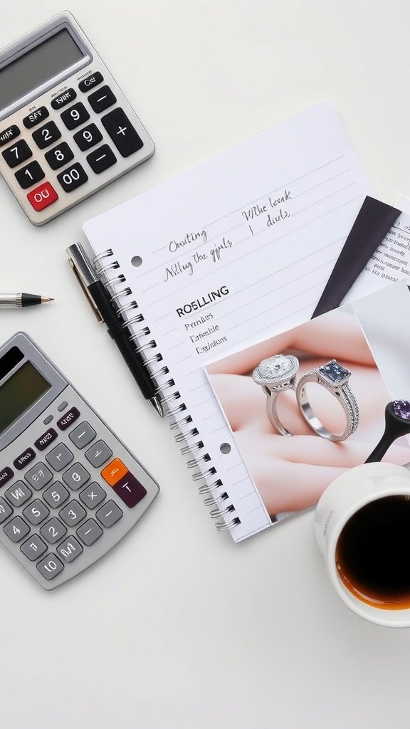 A calculator, notebook, and engagement rings on a table, symbolizing budgeting for engagement rings.