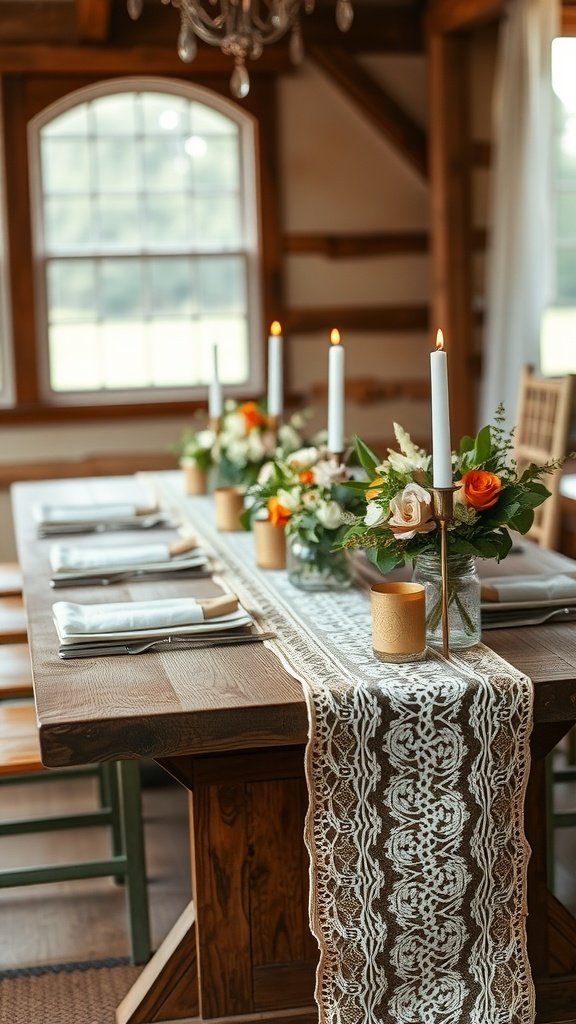 A rustic wedding table decorated with burlap and lace runners, flowers in jars, and candles.