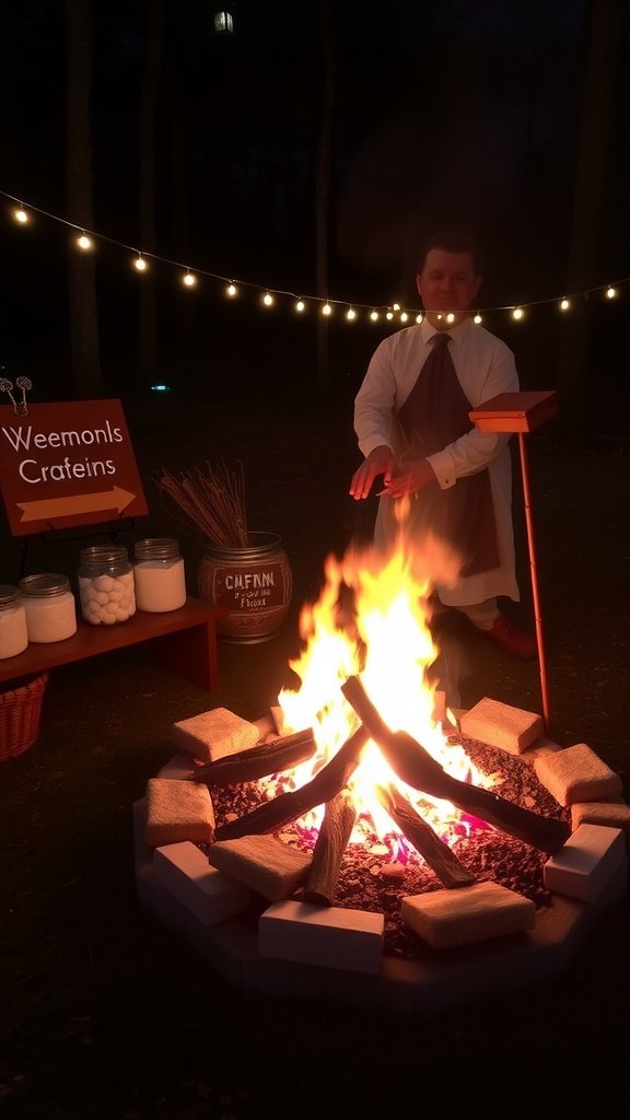 A cozy campfire surrounded by stones and a table with s'mores ingredients and a sign