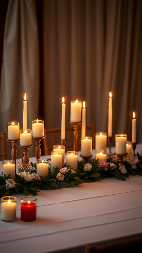 A wedding table beautifully decorated with various candles and a floral arrangement.