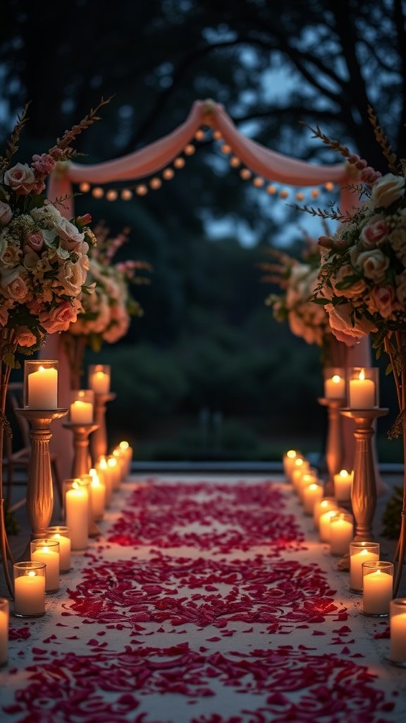 Candlelit aisle with rose petals and floral arrangements for a wedding