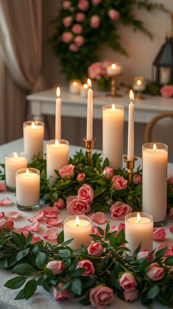 A romantic table setting with candles, roses, and greenery.