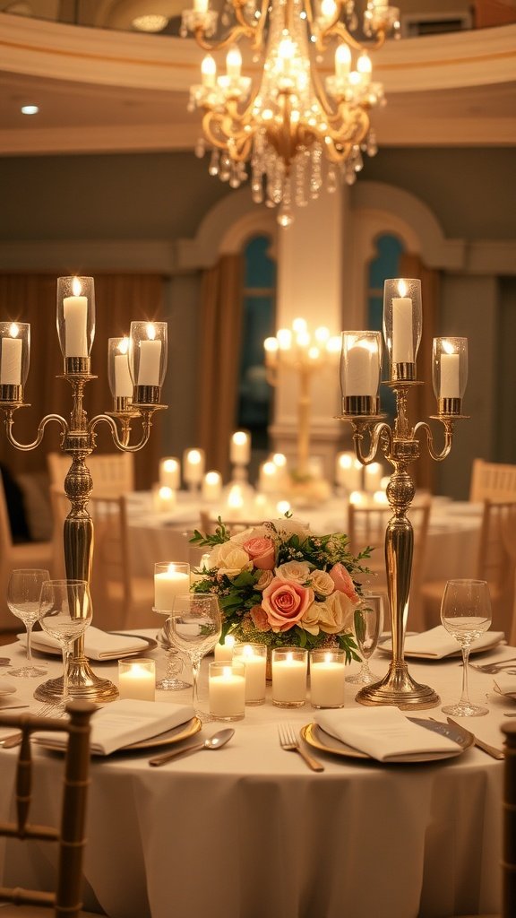 Elegantly set wedding table with candlelight and floral centerpiece