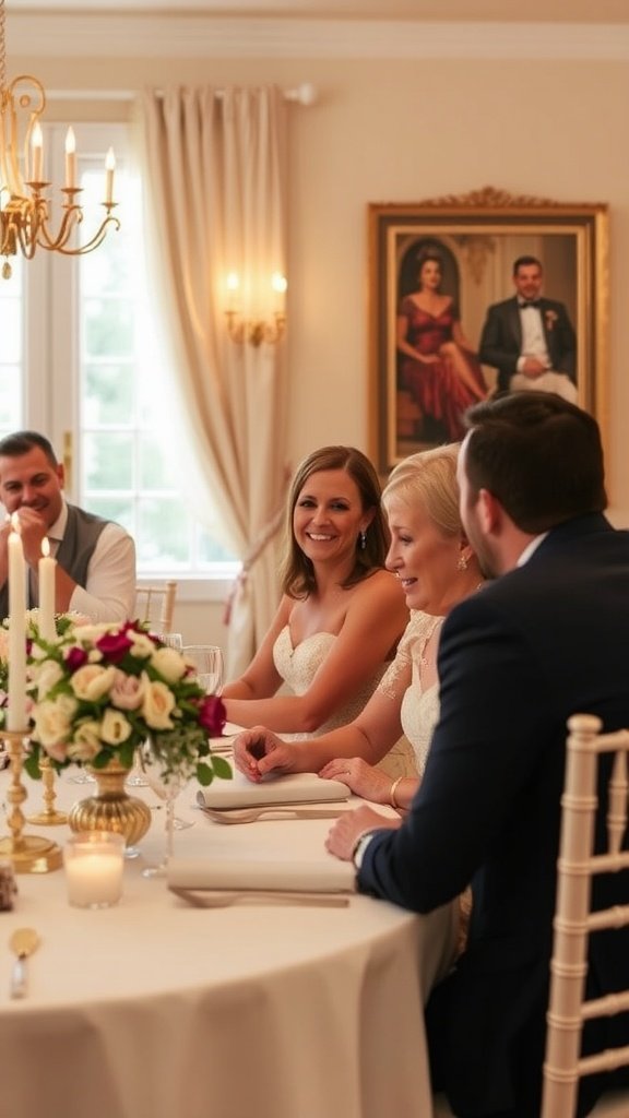 A warm, inviting bridal table setting with guests enjoying a meal and engaging in conversation.