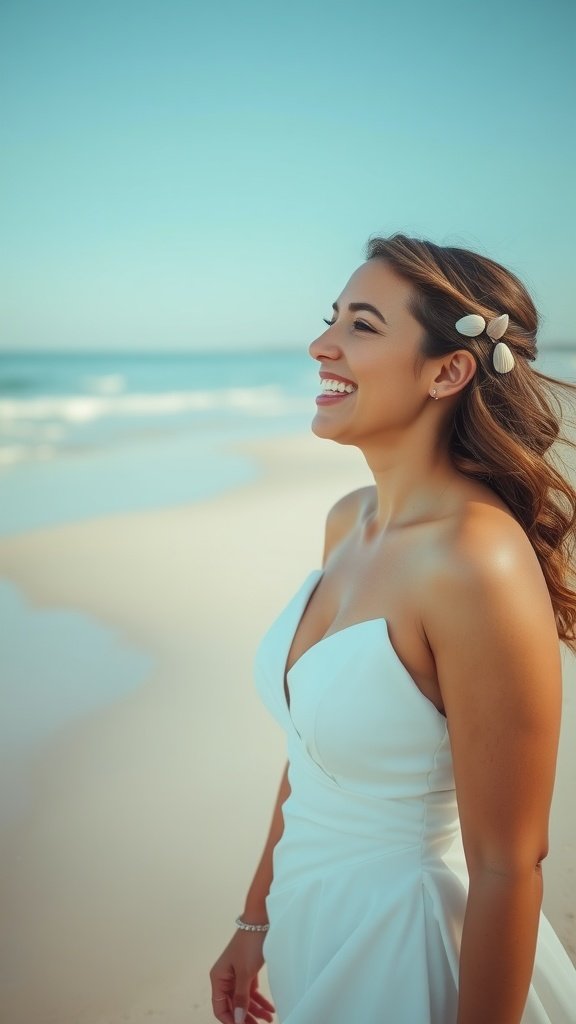 Bride with beachy waves and seashell clips, smiling by the ocean