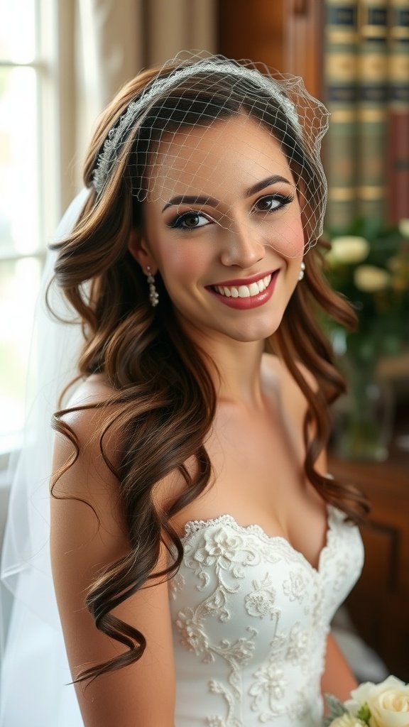 Bride with cascading curls and a birdcage veil, smiling warmly