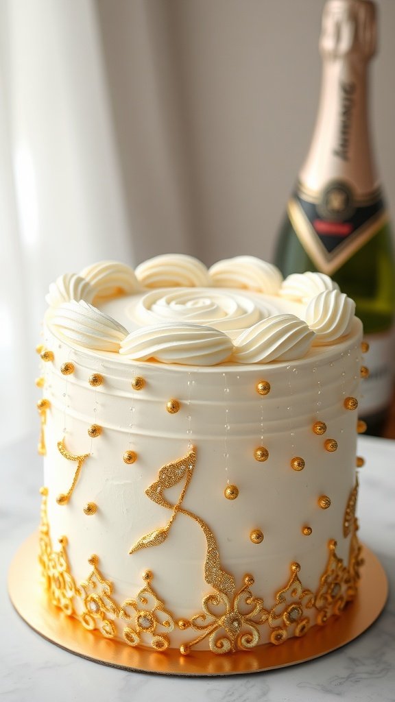 A beautiful champagne flavored bridal shower cake decorated with gold accents and rosettes, with a bottle of champagne in the background.