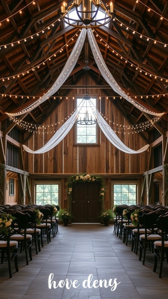 Interior of a charming barn wedding venue with wooden beams, draped fabric, floral decor, and arranged chairs.