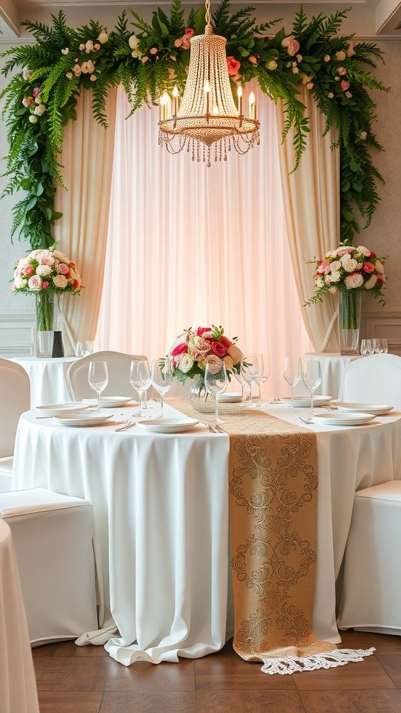 Wedding table with white linens, gold runner, floral centerpiece, and chandelier.