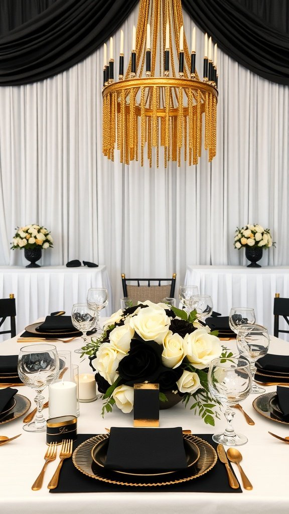 Chic wedding table setting featuring black and gold theme with elegant tableware and floral arrangements.