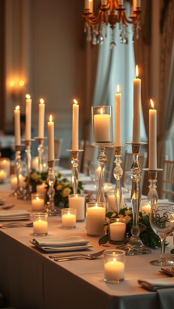 A beautifully arranged wedding table with tall candlesticks and floating candles, surrounded by greenery and floral accents.